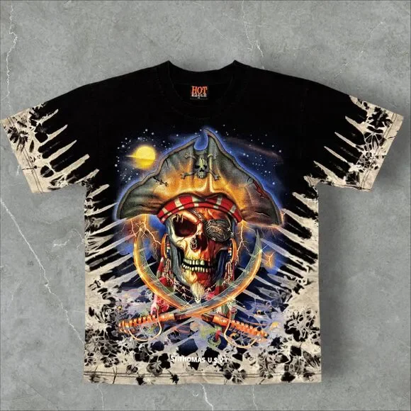 Vintage Liquid Blue Style Tie Dye V Pattern Pirate Skull Sword T Shirt - M