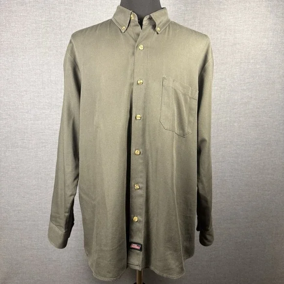 Dickies Long Sleeve Button Down‎ Work Shirt Green Collared Excellent XL
