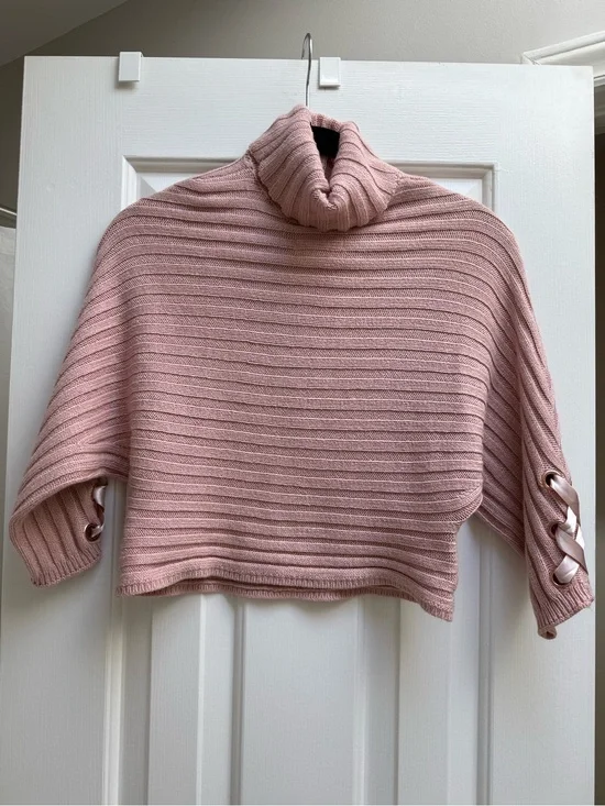Justice Blush Pink Ribbed Turtleneck Sweater Satin Lace-Up Sleeves Size 14