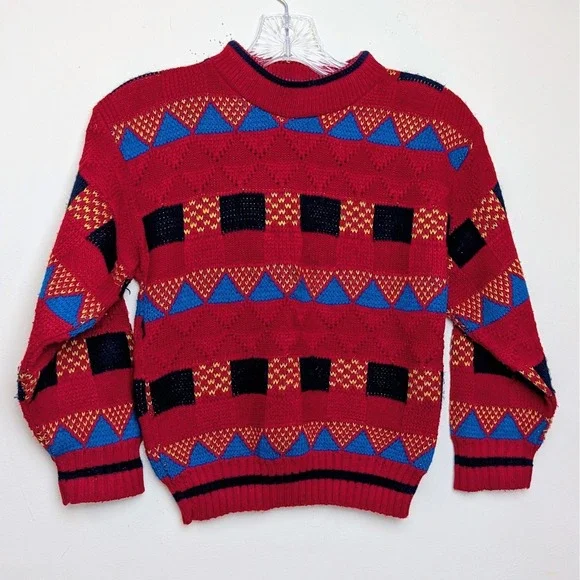 Vintage New Era Geometric Colorblock Knit 90s Sweater Kids Size 8/10
