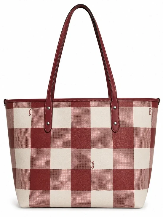 Coach Red and Cream Plaid Tote