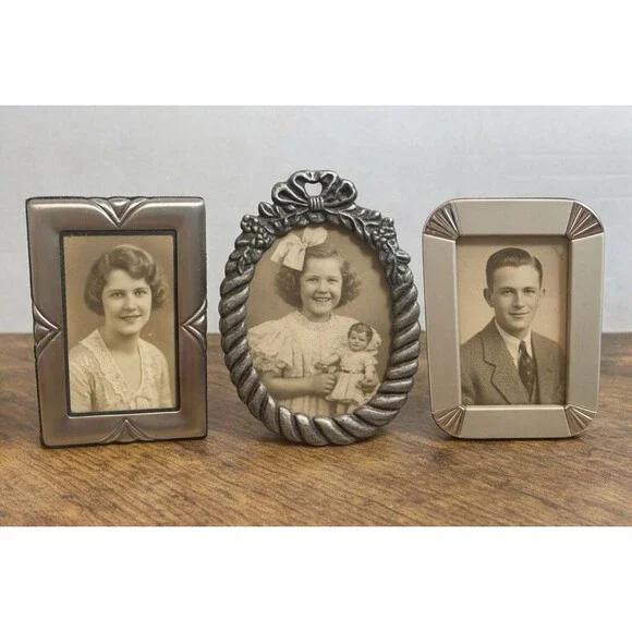 Vintage Mini Picture Frames Lot of 3 Metal Ornate Art Deco Style 3x2 Photo Size