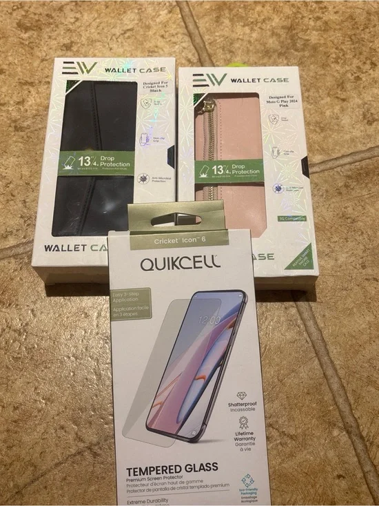 Tempered Glass Screen Protector for Cricket Icon 6 with Black & Pink Wallet