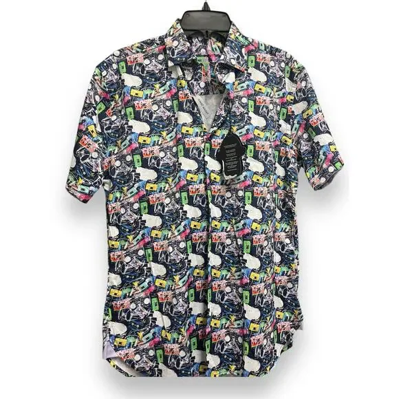 LUCHIANO VISCONTI BLACK Retro 80s Cassette Short Sleeve Shirt | Mens S Multi NWT