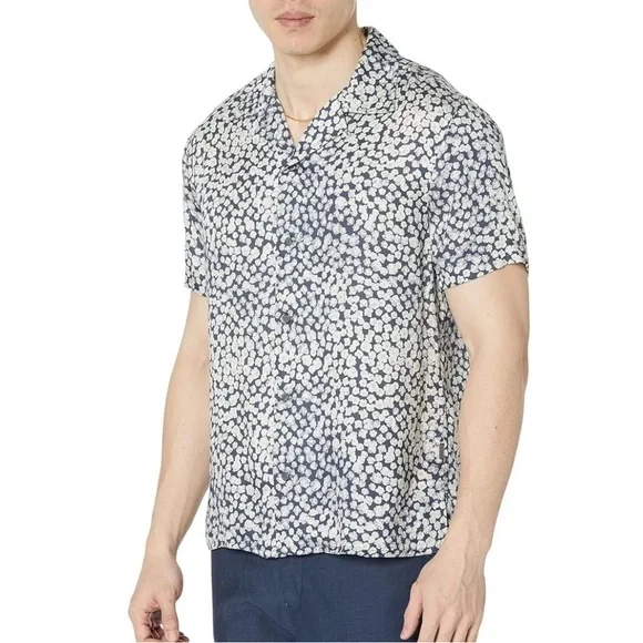 John Varvatos Danny Short Sleeve Camp Collar Shirt Officer Blue XL BRAND NEW