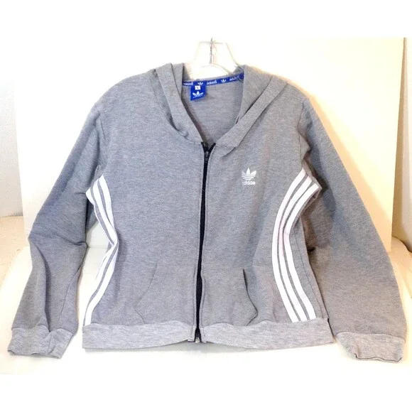 Adidas Hoodie Full Zip Sweatshirt Gray Youth Large 14/16 Soft Feel Pockets