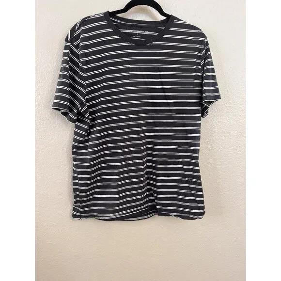Lucky Brand Mens Gray/White Striped T-Shirt Size L Supima Cotton Crew Neck