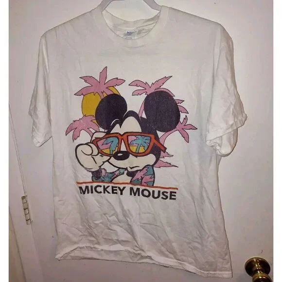 Disney Pink Palm Tree Mickey Mouse Sunglasses Miami Vice Men T-Shirt Large White