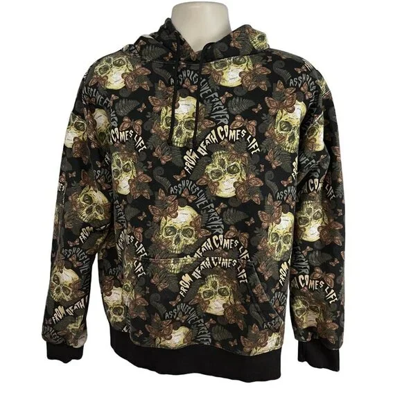 Assholess Live Forever All Over Graphic Skulls Pullover Hoodie Sweatshirt Medium