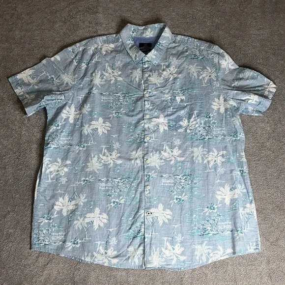 George Mens Hawaiian Shirt 2XL Blue Short Sleeve Button Down 100% Cotton‎