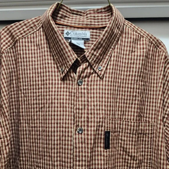 Columbia Button Down Shirt Men's XL Long Sleeve Brown Beige Plaid Cotton