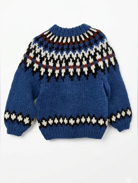 Vintage Handmade Blue Chunky Icelandic Wool Fair Isle Kids Sweater Sz 10 *Read*