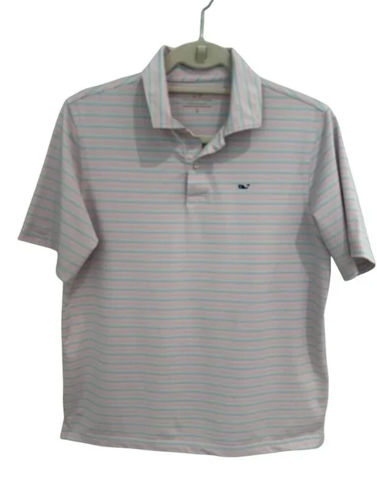 Vineyard Vines Boys XL 18 Performance Polo Shirt Pink Blue Striped Short Sleeve