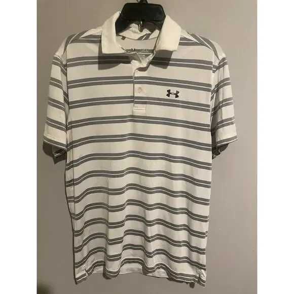 Under Armour Polo Heat‎ Gear Groove Striped Top Tech Golf Shirt White Medium