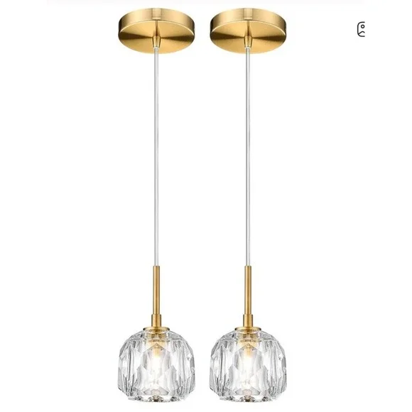 2 Pack AUTELO Gold Crystal Pendant Lights Kitchen Island Mini Fixtures‎ Brushed