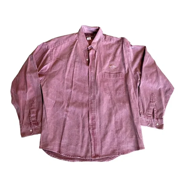 Vintage 80s Hard Rock Cafe Las Vegas Denim Button Down Shirt Faded Maroon Mens L