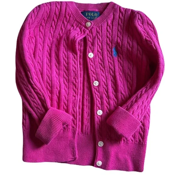 Ralph Lauren Polo Cardigan Cable Knit cotton Sz 2/2T Pink blue horse