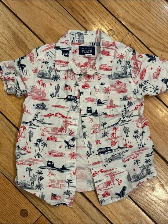 The Children's Place Boys' Red Navy Western Print Short Sleeve Shirt 3T Cotton