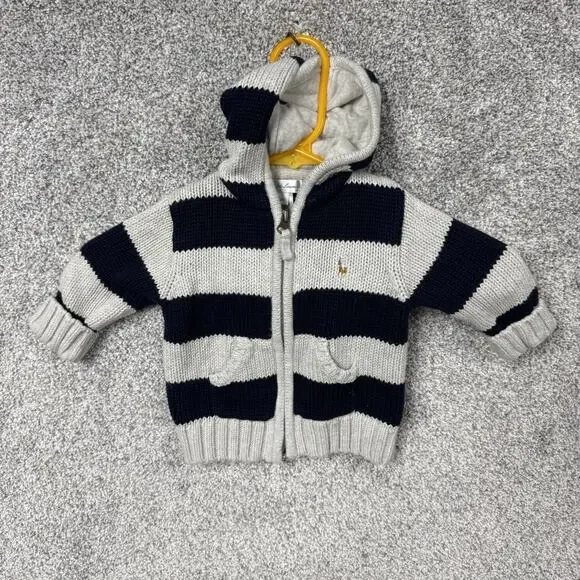 Ralph Lauren Hooded Sweater 6 Month 100% Cotton Full Zip Chunky Knit Cozy Preppy