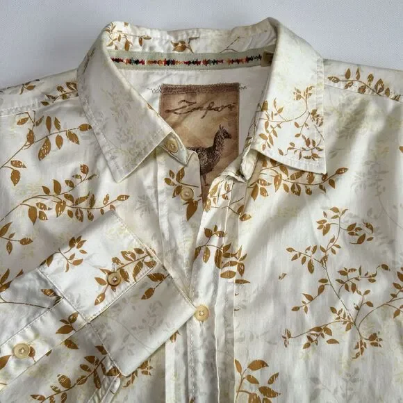 Zenfari Unique Cream Beige Cotton Leaf Print Button Up Shirt Mens Size L