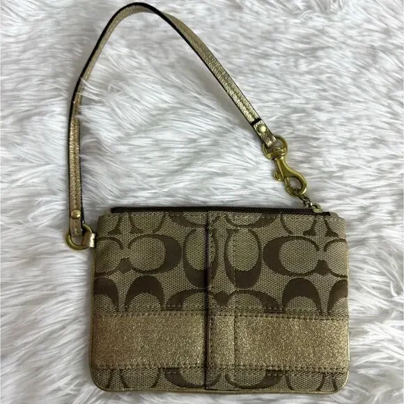 COACH Brown Gold Signature Canvas Wristlet
