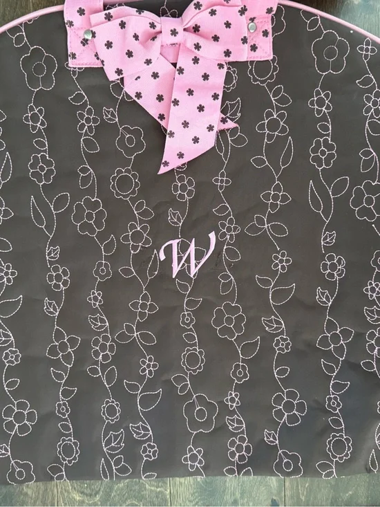Embroidered Floral Brown Garment Bag with Pink Accents - Monogram W
