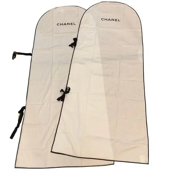 Set Of 2 CHANEL White Cotton Long Garment Dust Covers Storage 62x28 Authentic
