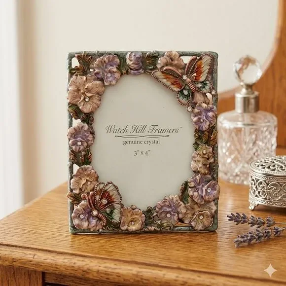 VTG Watch Hill Framers Enamel & Crystal Butterfly Ornate Picture Frame Fairy 4x6