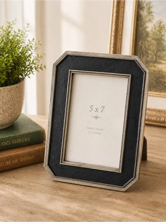 Classic Black Leatherette 5x7 Photo Frame with Silver Trim