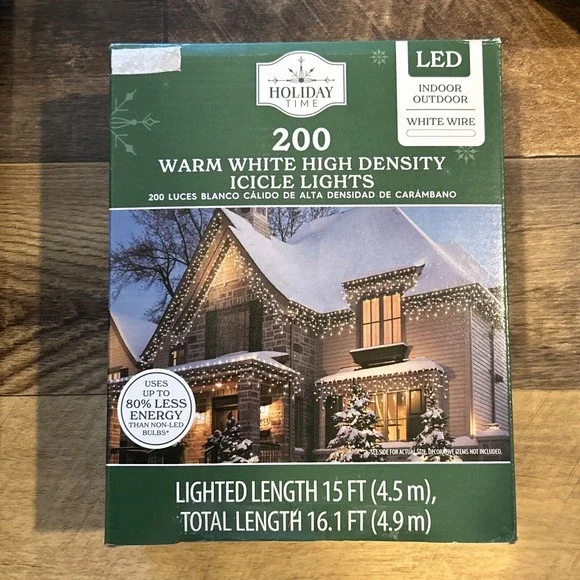 Holiday Time 200 Ct Warm White High Density Icicle Lights White Wire 15 Ft New