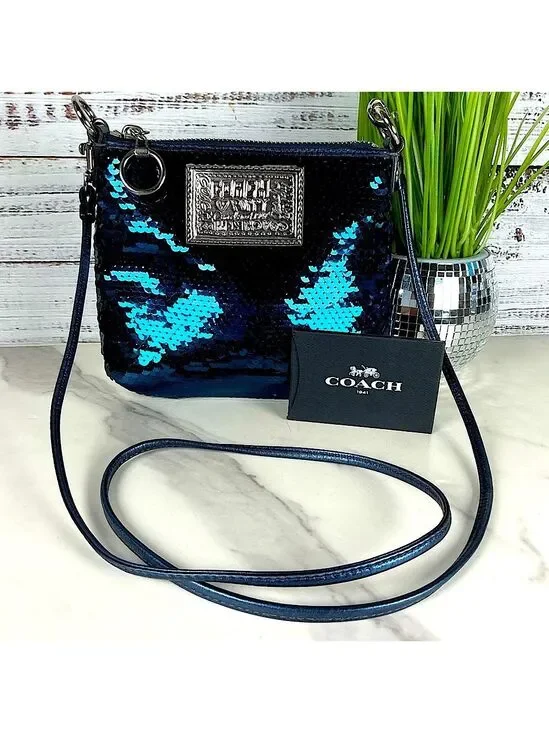 Coach Vintage Poppy Sequins Metallic Blue Sequin‎ Crossbody Bag