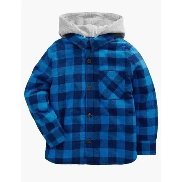 ✨MINI BODEN Hooded Check Fleece Lined Flannel Button-Up Sz 11-12Y Shirt In Blue✨