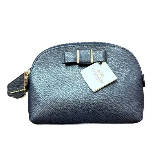 NWT Coach Leather Bow Detail Zipper Cosmetic Case Pouch Navy