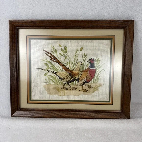Needlepoint Framed Pheasants Cream Vintage Matte Wood Frame 15.5