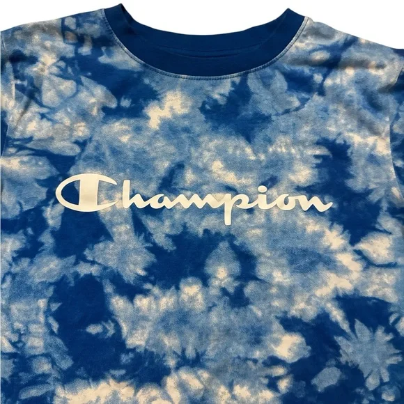 Champion Youth Boys‎ Blue Tie Dye T-Shirt Size Large Spell Out Champion Shirt