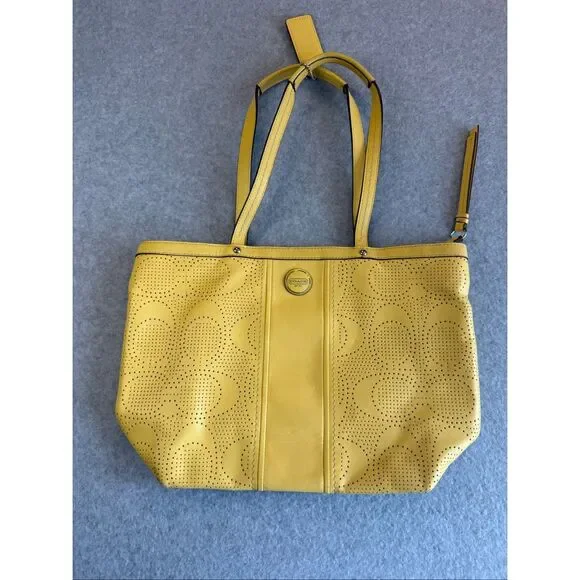 Coach perforated signature leather tote bag yellow
