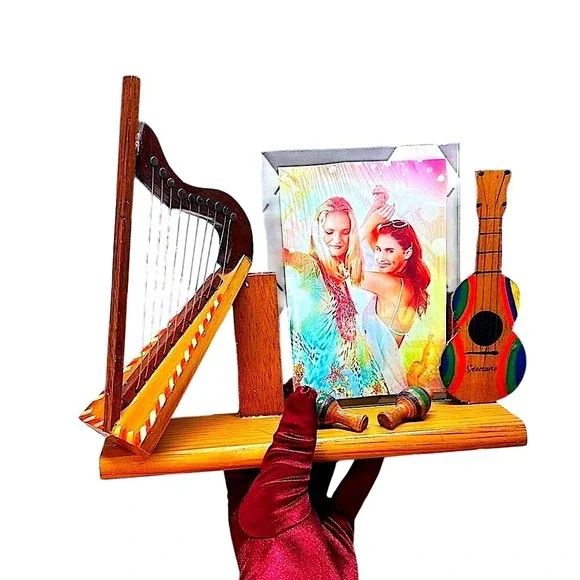 Vintage‎ Musical Photo Frame Wood Folk Art Instrument Souvenir Decor