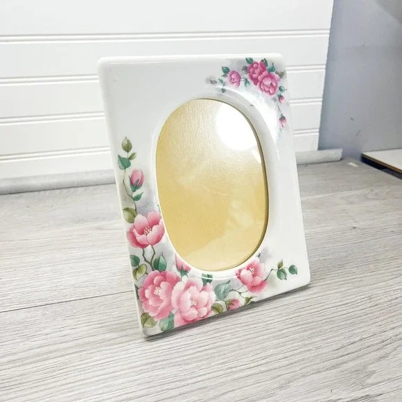 Vintage White Ceramic Picture Frame: Pink Floral Cottagecore Decor