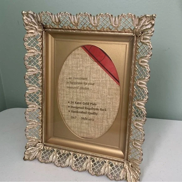 Vintage 24 Karat Gold Plated Metal Filigree Picture Frame 5x7