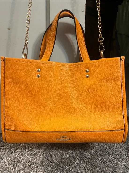 Coach Orange Pebbled Leather Tote with Gold Chain Strap