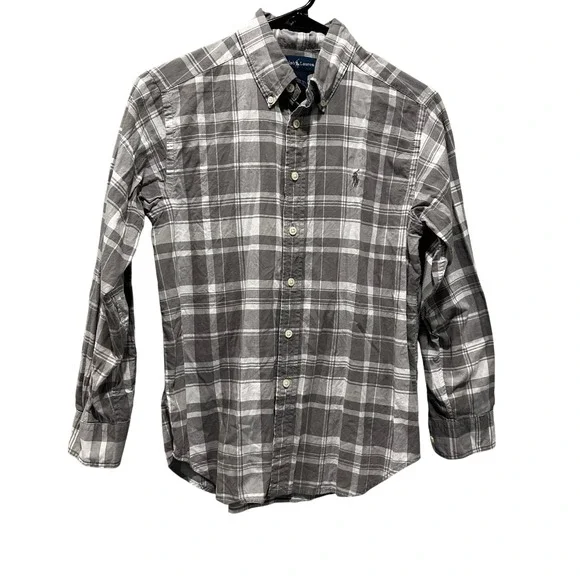 Ralph Lauren Boys Grey White Plaid Button Down Shirt Size M 10-12 Long Sleeve
