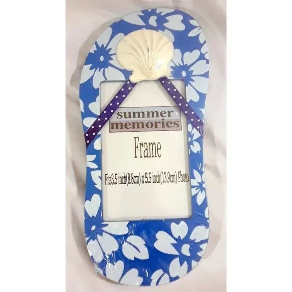Summer Memories Flip Flop Photo Frame Beach Seashell Decor Blue Floral