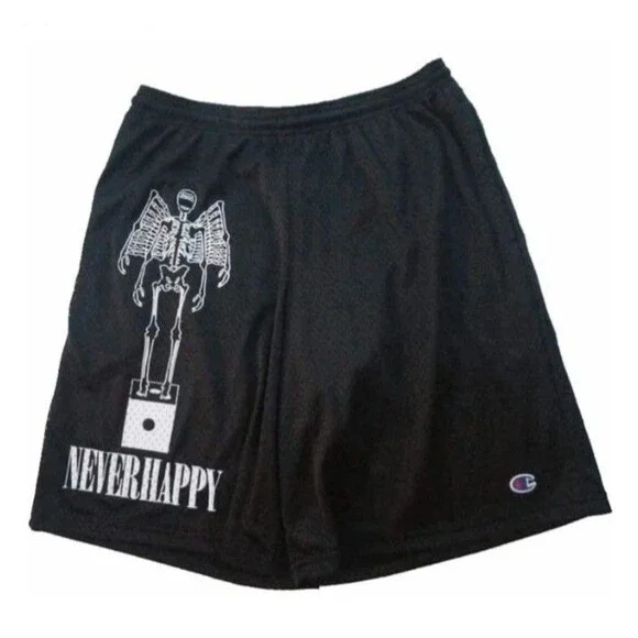 Neverhappy die shorts size small black mesh screen print graphic