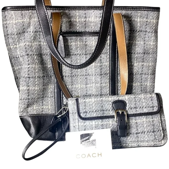 Vintage Coach Bag Wallet Wristlet Wool Leather Gray Herringbone