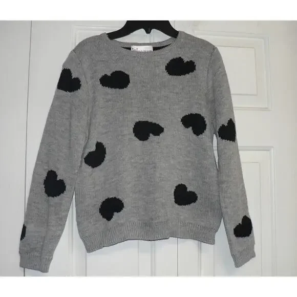 Cotton Emporium Girls‎ Long Sleeve Crew Neck Sweater In Grey Black Hearts XLarge