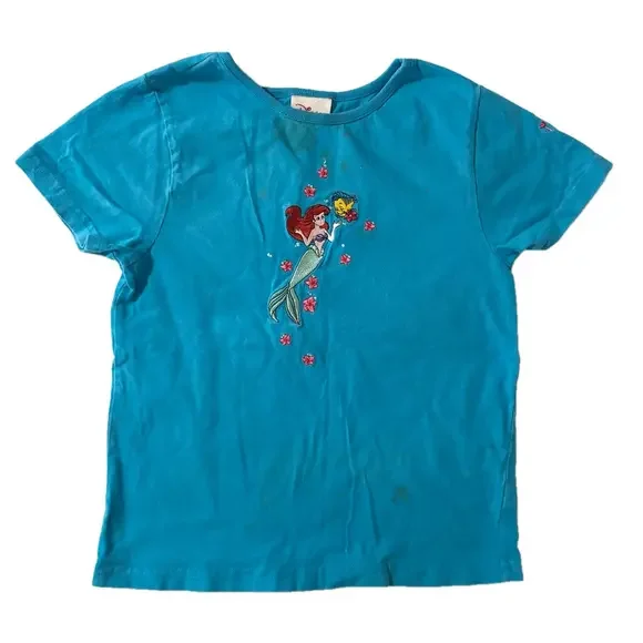 Vintage Kids Disney Ariel Little Mermaid Blue Embroidered T-Shirt Size 4T