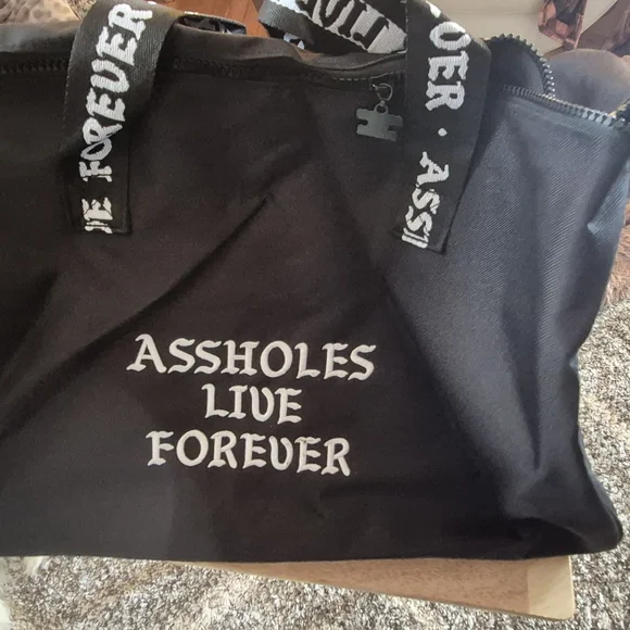 Black Garment Bag Tote with Bold Text