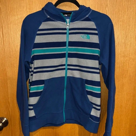 The North Face Fleece Hoodie Boys L 14/16 Blue Striped Full Zip Excellent Jacket