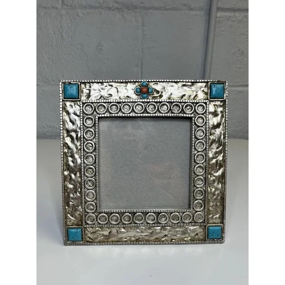 Southwestern Silver Tone Turquoise Picture Frame Rustic Coral Western Native‎