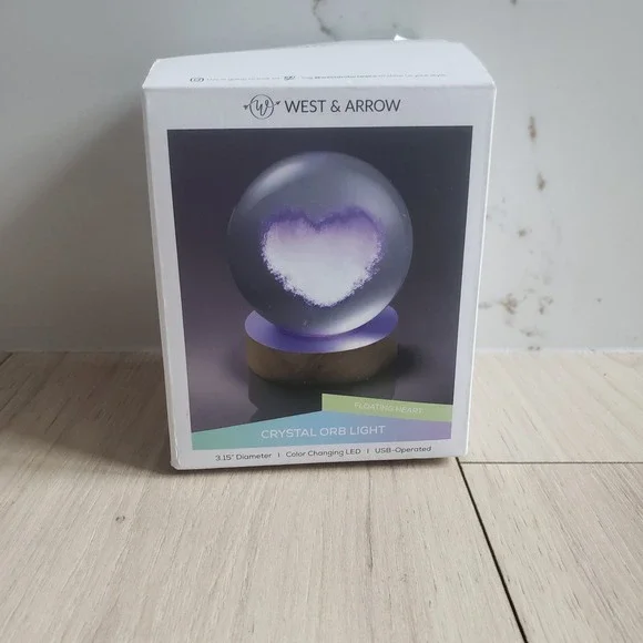 West & Arrow 3D Floating Heart Crystal Orb Light Color Changing LED USB Wood